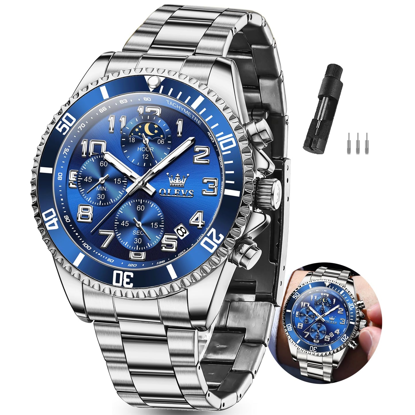 HOTOLEVS Watches Men Waterproof Luxury Big Face Mens Watch Stainless Steel Day Date Quartz Analog Dress Watches for Men Luminous Reloj para Hombres (Green/Blue/Black/Gold)