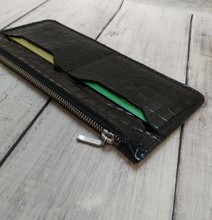 HOTINGVARR Unique Patent Slim Leather Wallet for Women | Crocodile Embossed Genuine Leather | Gift for Her | Handmade Wallet with Card Slots and Coin Pocket | Black