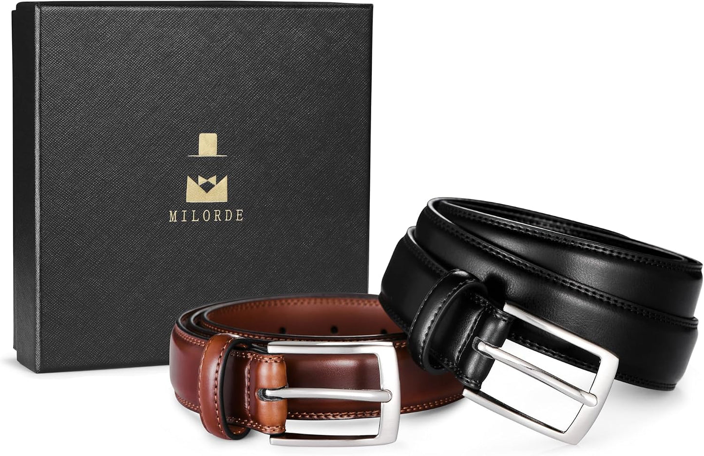 HOTMILORDE Men's Leather Dress Belt 2Pack, Handmade, Genuine Leather, Fashion & Classic Designs for Work Business and Casual
