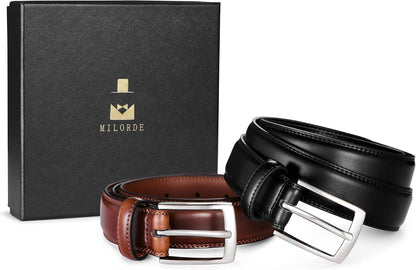 HOTMILORDE Men's Leather Dress Belt 2Pack, Handmade, Genuine Leather, Fashion & Classic Designs for Work Business and Casual