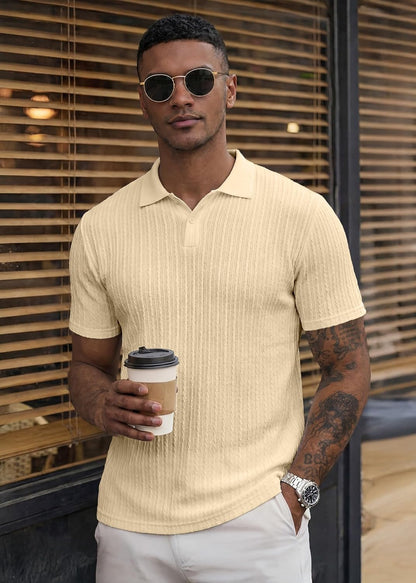 HOTJMIERR Mens Casual Polo Shirt Summer Short Sleeve Vacation Button Beach Knit Stretchy Golf Shirts