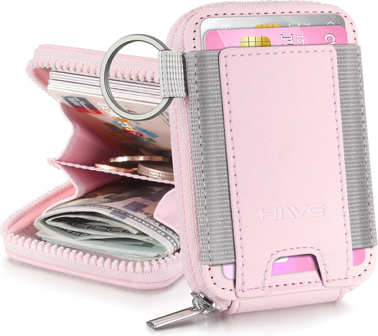 HOTSmall Wallet for Women with Rechargeable Find My Tracker Built-in, Zipper Accordion Credit Card Holder with Keyring, Anti-loss Fashion Minimalist Slim, Pink