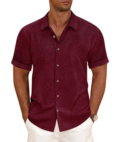 HOTCURBODO Linen Blend Shirts for Men Casual Short Sleeve Button Down Shirt Cool Summer Beach Wedding Vacation Tops