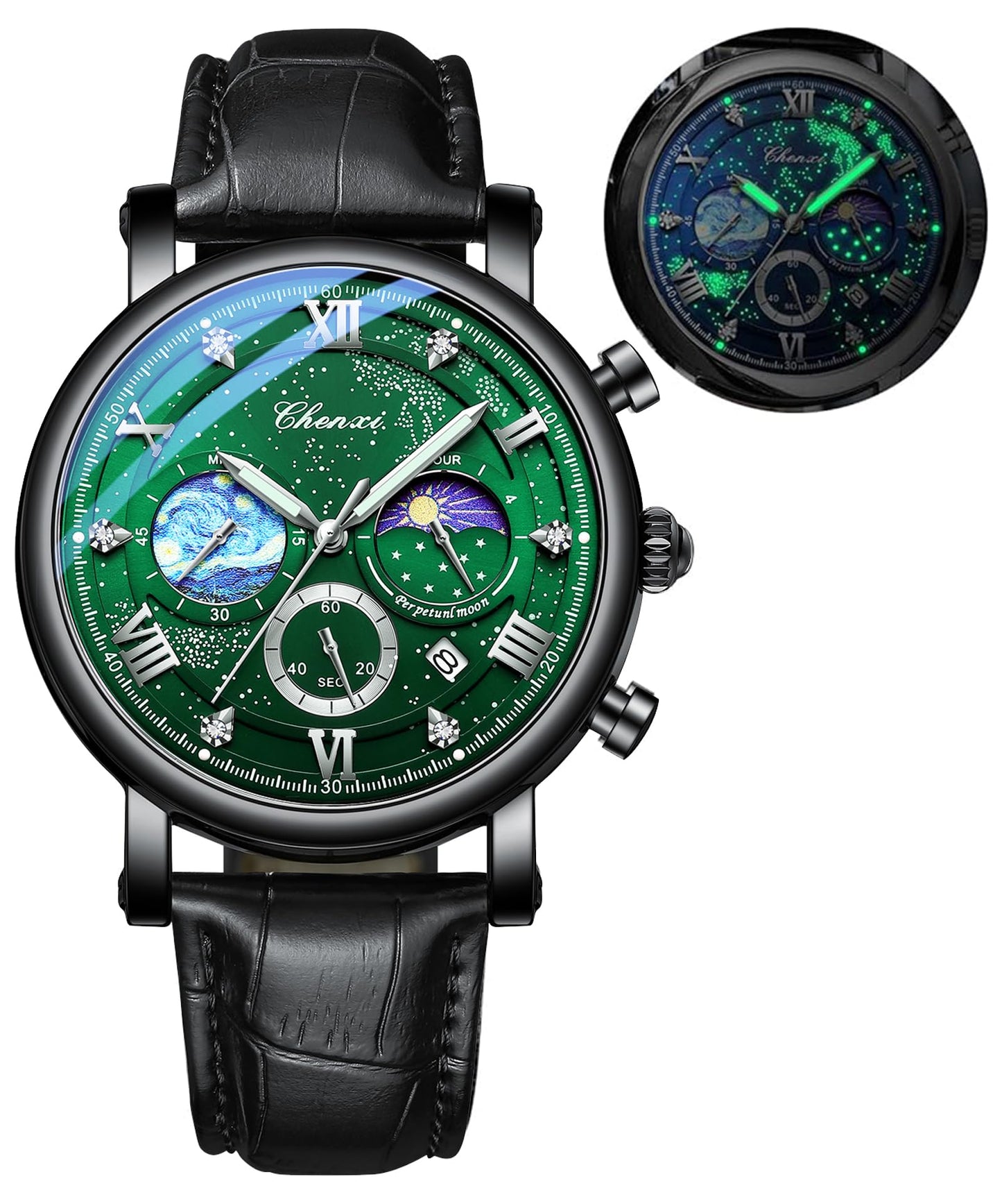 HOTFANMIS Men's Classic Watches Multifunctional Analog Watch Business Dress Waterproof Luminous Chronograph Starry Sky Moon Phase Leather Wristwatch