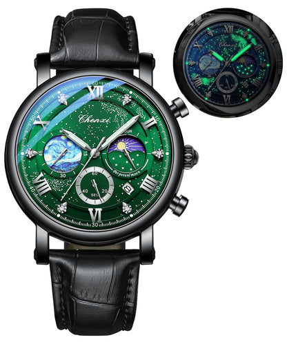HOTFANMIS Men's Classic Watches Multifunctional Analog Watch Business Dress Waterproof Luminous Chronograph Starry Sky Moon Phase Leather Wristwatch