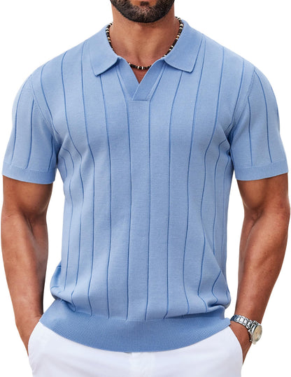 HOTCOOFANDY Mens Polo Shirts Short Sleeve V Neck Knit Shirts for Men Casual Old Money Clothes Mens Golf Shirt