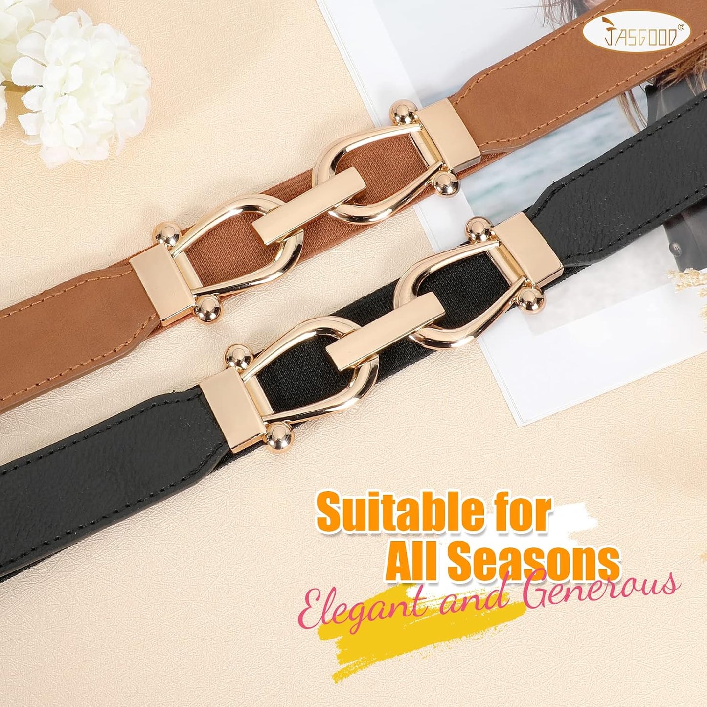 HOTJASGOOD Women Stretchy Waist Belt Retro Elastic Skinny Belt for Ladies with Gold Buckle