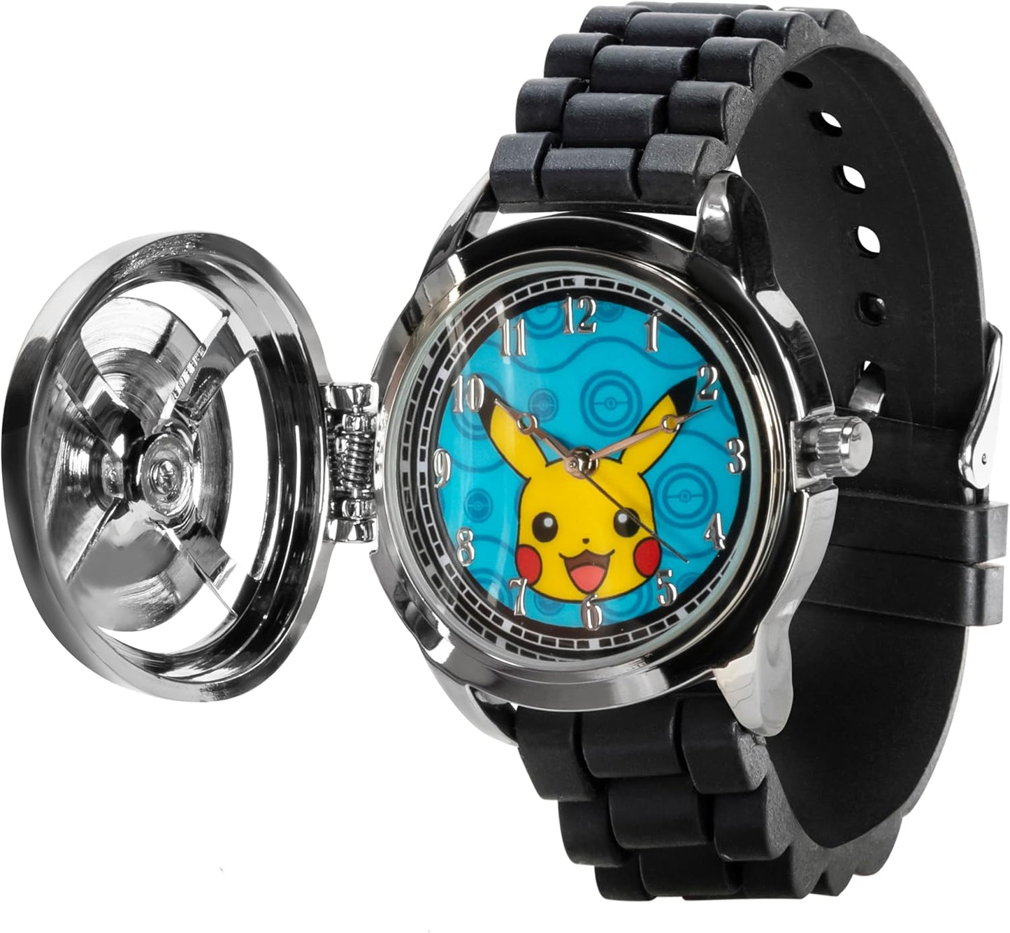 HOTPokémon Spinner Top Analog Watch for Kids – Features Iconic Poké Ball Spinner, Silver Metal Case, Comfortable Silicone Strap, and Pikachu Dial Art, Perfect for Pokémon Fans and Collectors