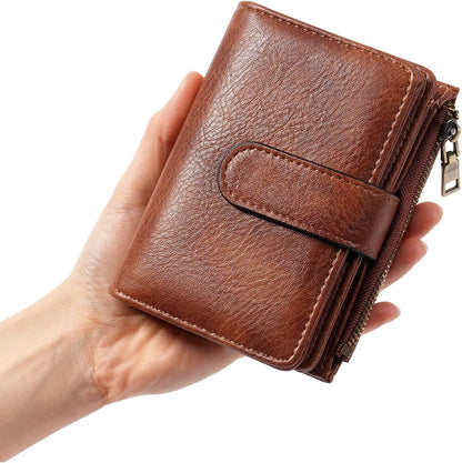 HOTGOIACII Small Wallet Women RFID Blocking Trifold Clutch Ladies Credit Card Holder Zipper Pocket Wallets for Women Brown