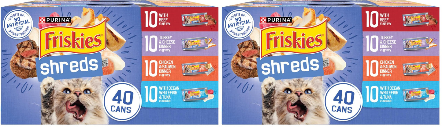 HOTPurina Friskies Wet Cat Food Variety Pack, Shreds With Beef, Turkey and Cheese Dinner, Chicken and Salmon Dinner, and With Ocean Whitefish and Tuna - (Pack of 40) 5.5 oz. Cans