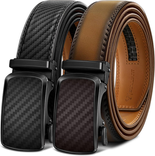 HOTBULLIANT Men's Ratchet Leather Belt Trimmable 2Pack 1 3/8"-Gift Boxed | Smooth Sliding | Precise Fit | Tailored Size | Holeless for Dress or Casual