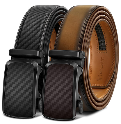 HOTBULLIANT Men's Ratchet Leather Belt Trimmable 2Pack 1 3/8"-Gift Boxed | Smooth Sliding | Precise Fit | Tailored Size | Holeless for Dress or Casual