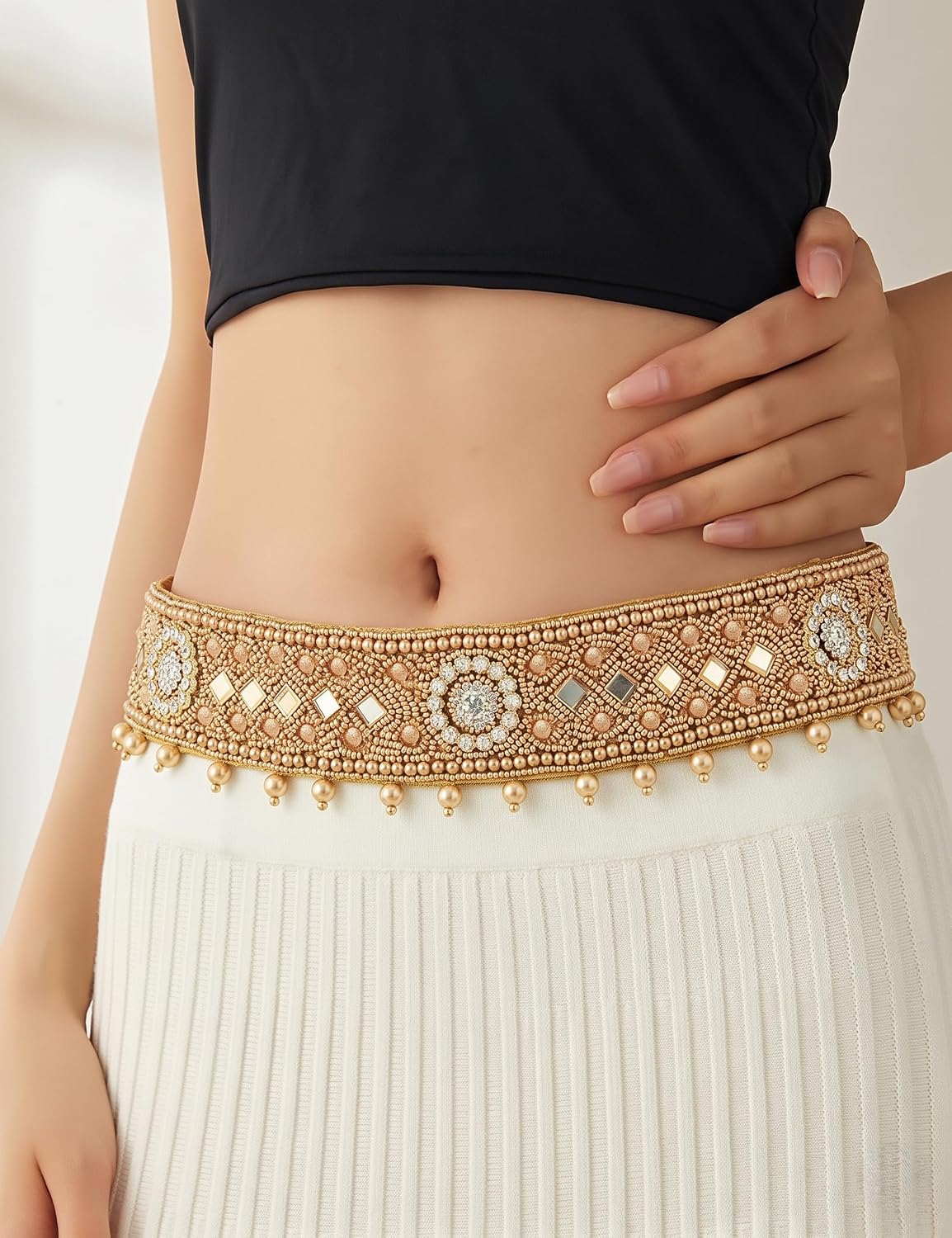HOTTraditional Stretchable Embroidery Saree Waist Belt – Golden Cloth Kamarpatta Kamarband for Women, Temple Adjustable 30-40 Inches