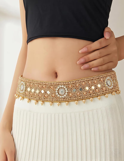 HOTTraditional Stretchable Embroidery Saree Waist Belt – Golden Cloth Kamarpatta Kamarband for Women, Temple Adjustable 30-40 Inches