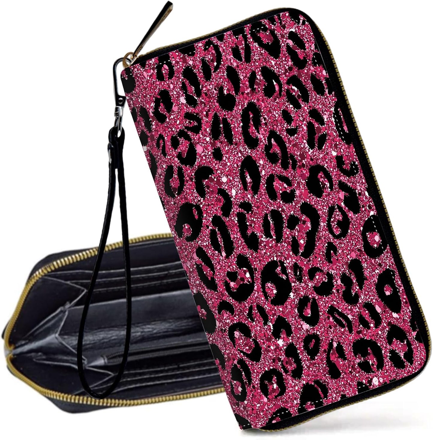HOTRFID Blocking Wristlet Wallet for Women – Slim PU Leather Zipper Clutch, Cute Credit Card Holder Purse with Wrist Strap for Ladies,Pink Glitter Cheetah Prit