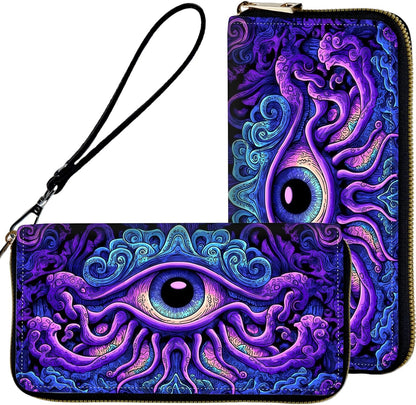 HOTWristlet Wallets for Women,Ladies Women's Wallet,Clutch Purses for Female Leather Large Capacity Credit Card Holder with Zipper Slim Cute Coin Pocket,RFID Blocking,Cute Funny Eye Purple