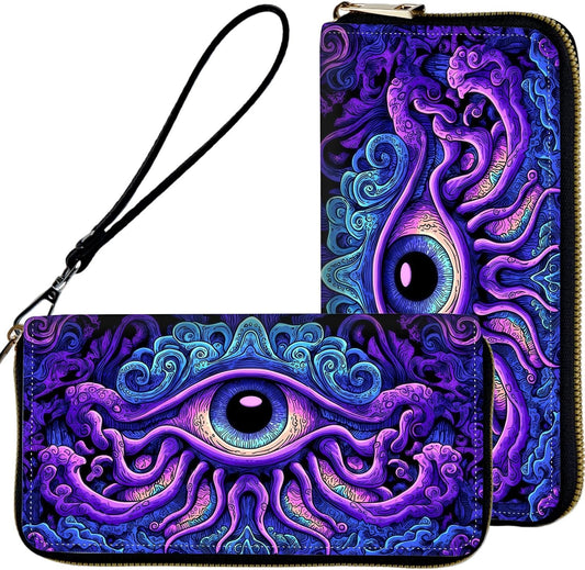 HOTWristlet Wallets for Women,Ladies Women's Wallet,Clutch Purses for Female Leather Large Capacity Credit Card Holder with Zipper Slim Cute Coin Pocket,RFID Blocking,Cute Funny Eye Purple
