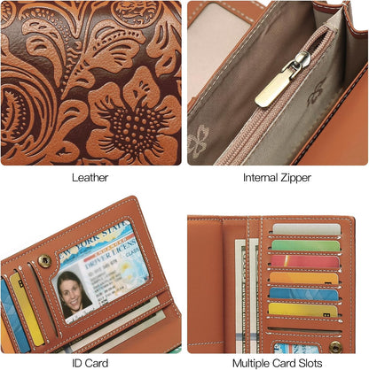 HOTGOIACII Leather Wallets for Women RFID Blocking Western Clutch Brown | Embossed Design, Trifold, Large Billfolds, Vintage Flower, Ladies Purses with Zipper Coin Pocket