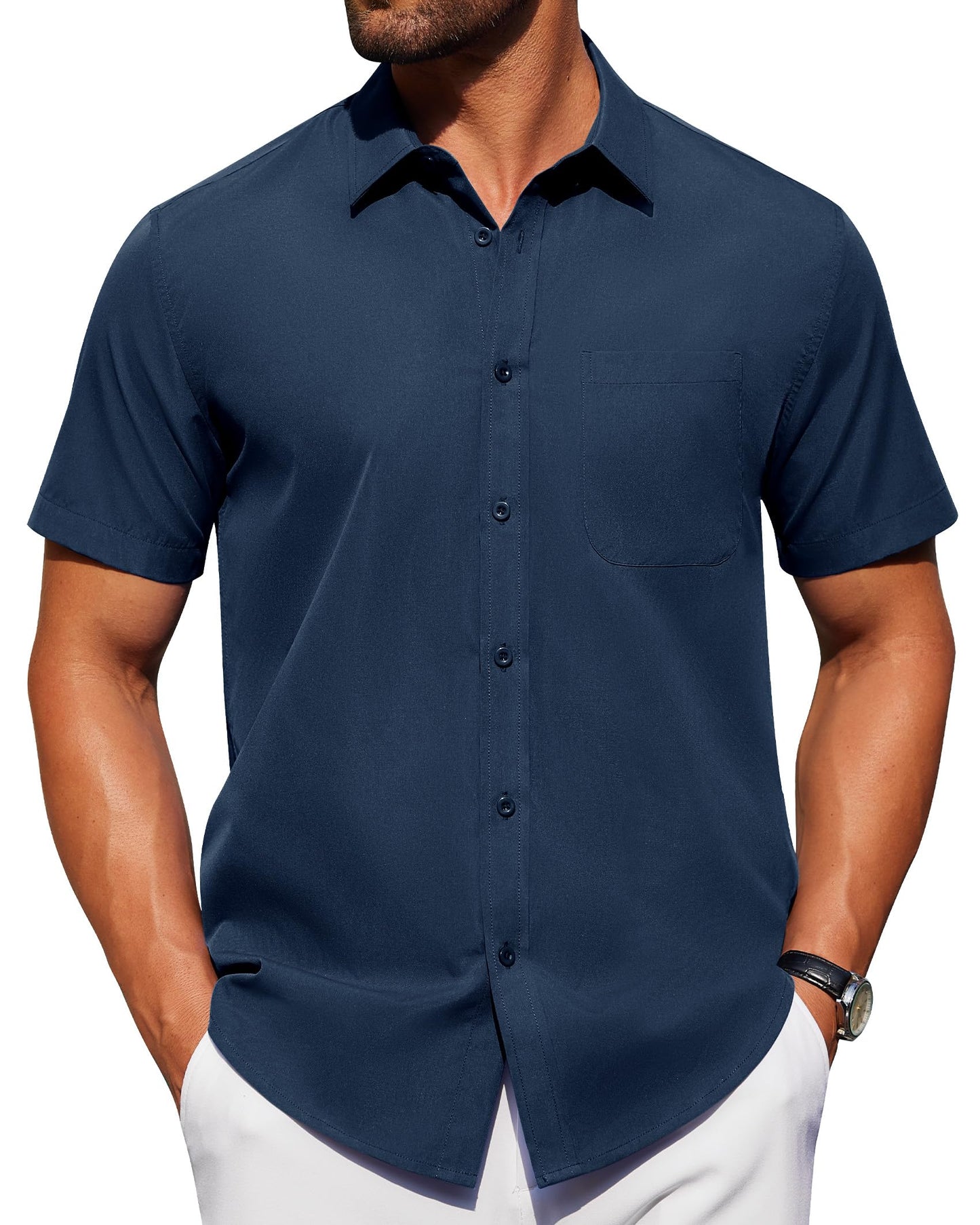 HOTAlimens & Gentle Men's Short Sleeve Dress Shirts Wrinkle Free Untucked Casual Button Down Shirt