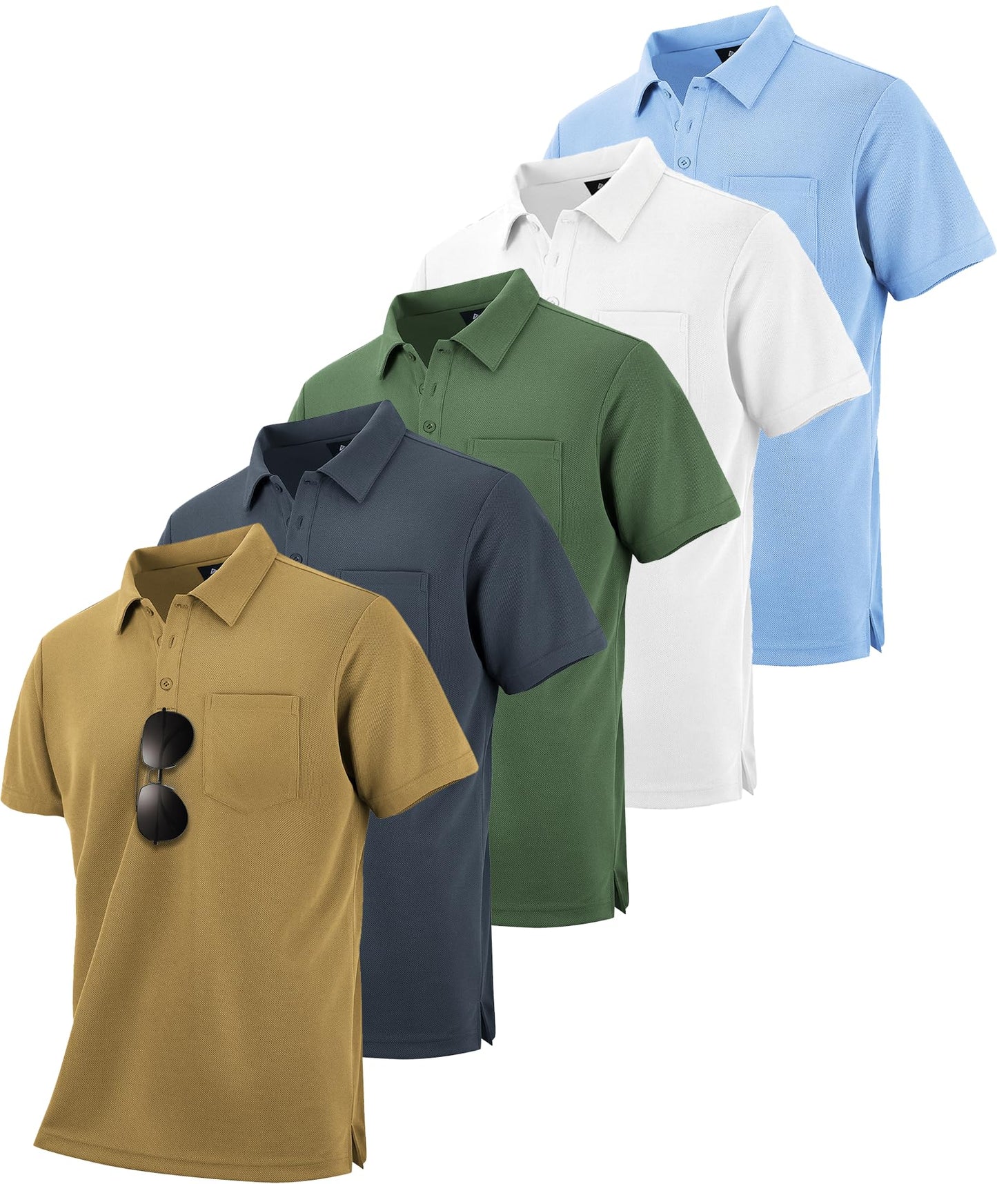 HOTSCODI 5 Pack Mens Pocket Polo Shirts Short Sleeve Multipack Golf Shirt for Men Moisture Wicking Casual Athletic Work T-Shirts