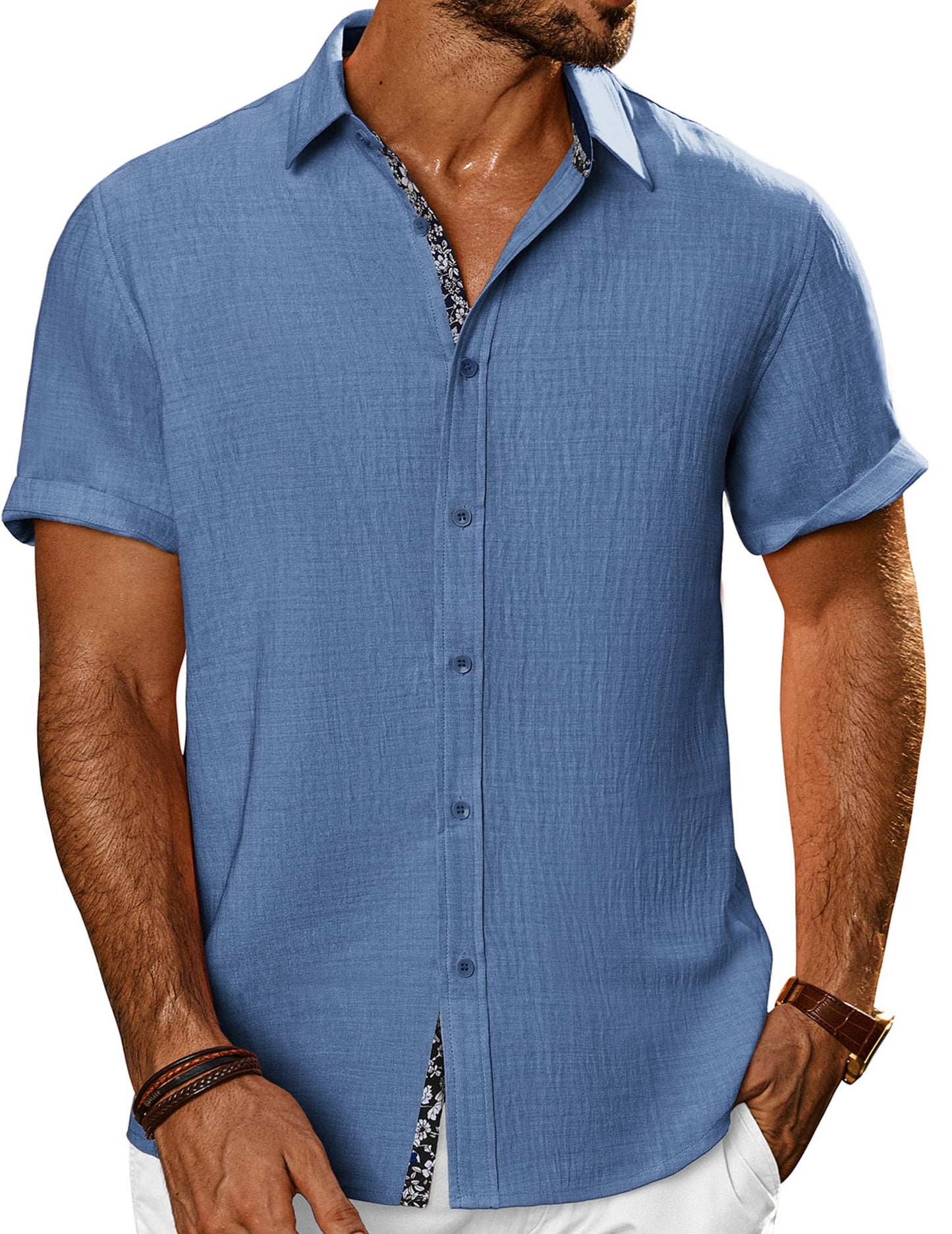 HOTPJ PAUL JONES Mens Short Sleeve Button Down Shirts Casual Summer Clothing | Linen Textured, Summer Beach Vacation Tops, Untucked Dress Shirt, Lightweight, Regular Fit, Fashion Resort Wear