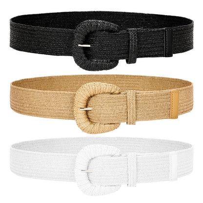 HOTWHIPPY 3 Packs Women Straw Woven Elastic Stretch Waist Belts Fashion Boho Braided Skinny Ladies Dress Belt