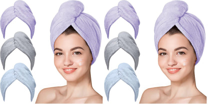 HOTHicober Microfiber Hair Towel Wrap, Fast Drying Hair Towels for Women, Soft Lightweight Quick Dry Turban for Curly & Long Hair–3 Pack(Blue/Grey/Pink)