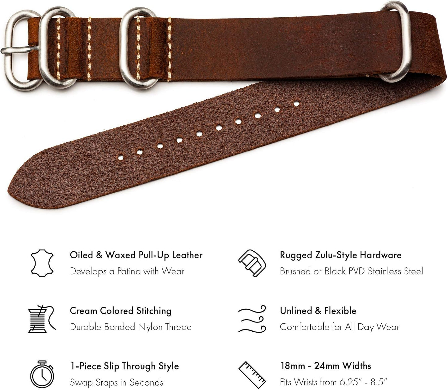 HOTBenchmark Leather Watch Band - Crazy Horse Oiled Leather One-Piece Military Watch Strap - Brushed Stainless-Steel Hardware - 18mm, 20mm, 22mm or 24mm Widths