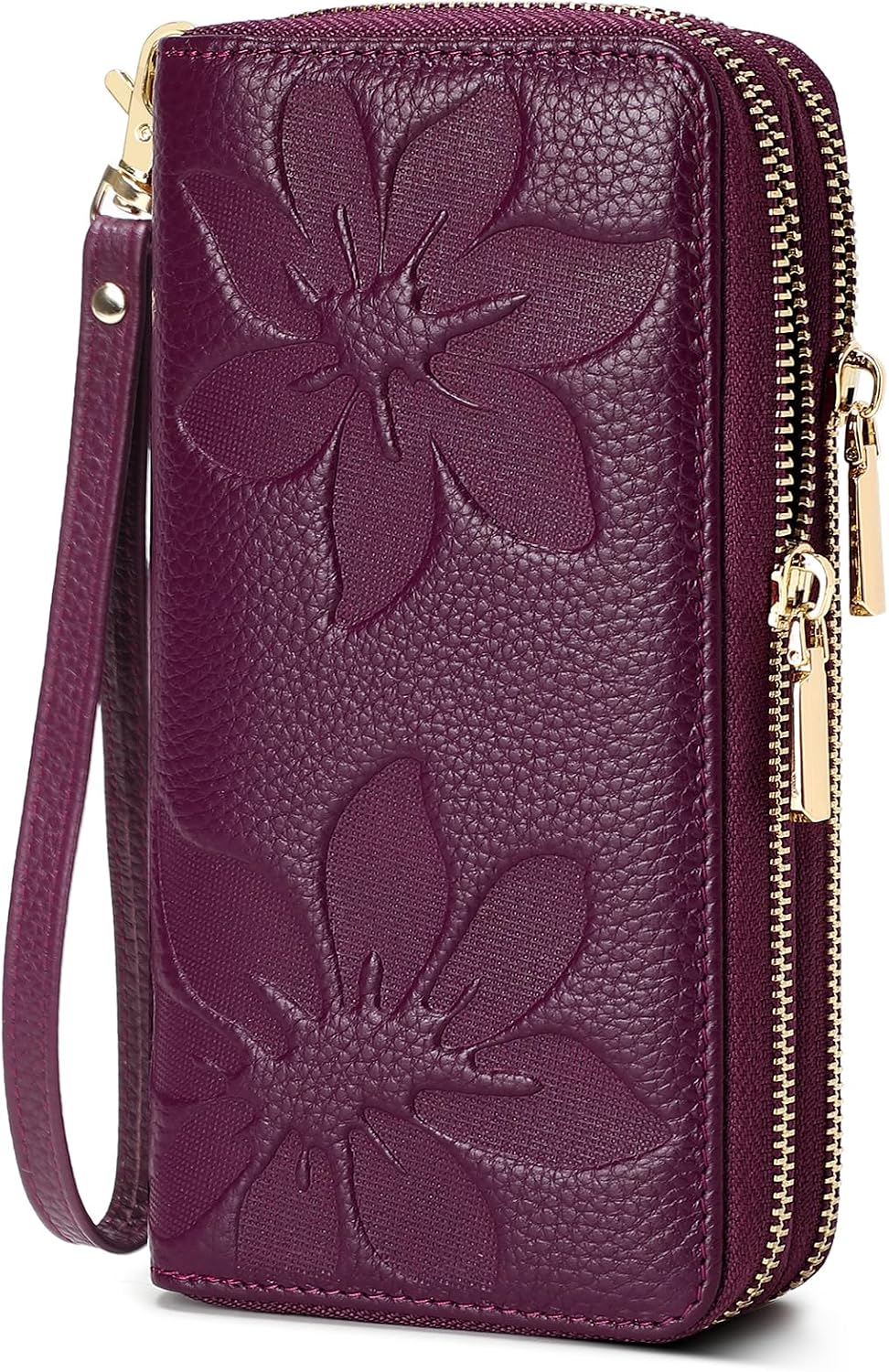 HOTMoraMok Genuine Leather Wallet for Women, Large Capacity Credit Card Holder Wallet with RFID Blocking, Double Zipper Pocket, Phone Wristlet Purse (Dark Purple)