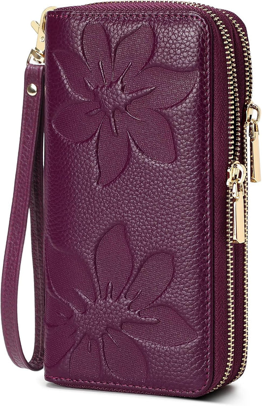 HOTMoraMok Genuine Leather Wallet for Women, Large Capacity Credit Card Holder Wallet with RFID Blocking, Double Zipper Pocket, Phone Wristlet Purse (Dark Purple)
