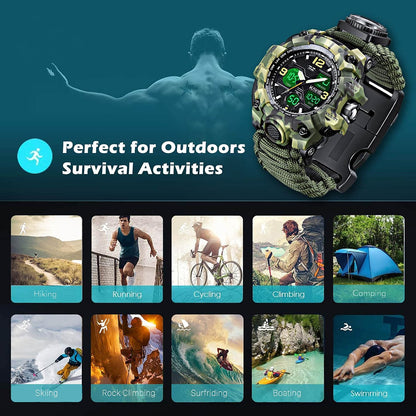 HOTMens Tactical Military Digital Watch, 23-in-1 Survival Multi-Functional Army Outdoors Waterproof Camouflage Sports Watches Dual Display Analog LED Electronic Wristwatches with Compass Paracord Band