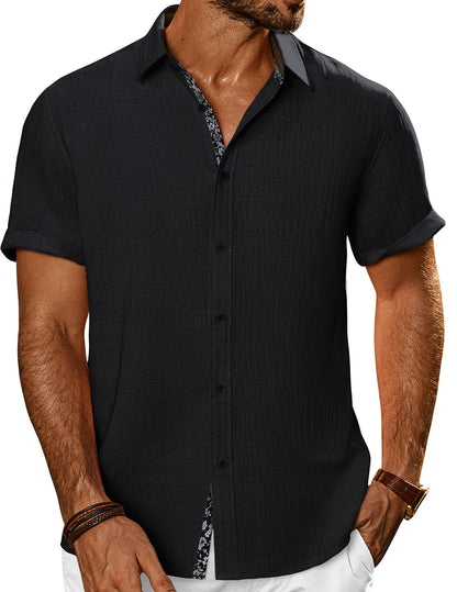 HOTPJ PAUL JONES Mens Short Sleeve Button Down Shirts Casual Summer Clothing | Linen Textured, Summer Beach Vacation Tops, Untucked Dress Shirt, Lightweight, Regular Fit, Fashion Resort Wear