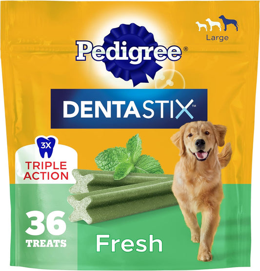 HOTPedigree Dentastix Large Breed Dog Dental Treats, Fresh, 36 Count | Triple action dental care, reduces tartar, cleans teeth, freshens breath, for dogs 40+ lbs, no added sugar/fillers