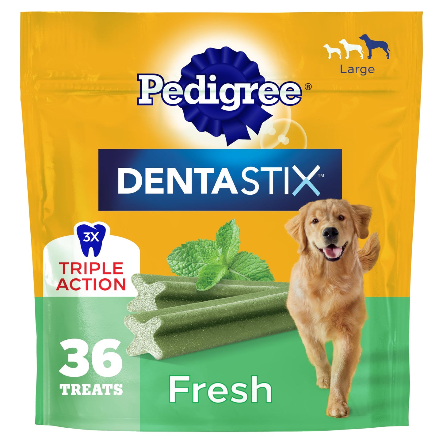 HOTPedigree Dentastix Large Breed Dog Dental Treats, Original, 40 Count | Triple action dental care, reduces tartar, cleans teeth, freshens breath, for dogs 40+ lbs, no added sugar/fillers