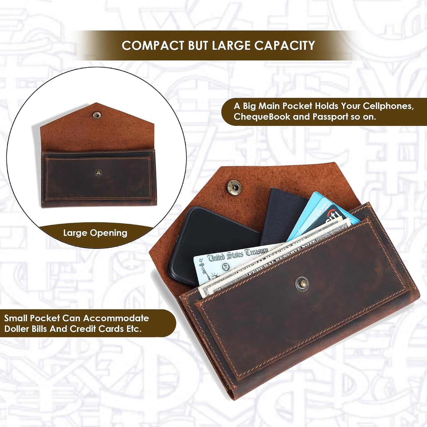 HOTBrown Leather Cash Envelopes for Money - Small Money Pouch With Mobile Holder, Handmade Leather Wallets Currency Holder - Money Organizer for Cash Money Bag for Travel Wallets for Women