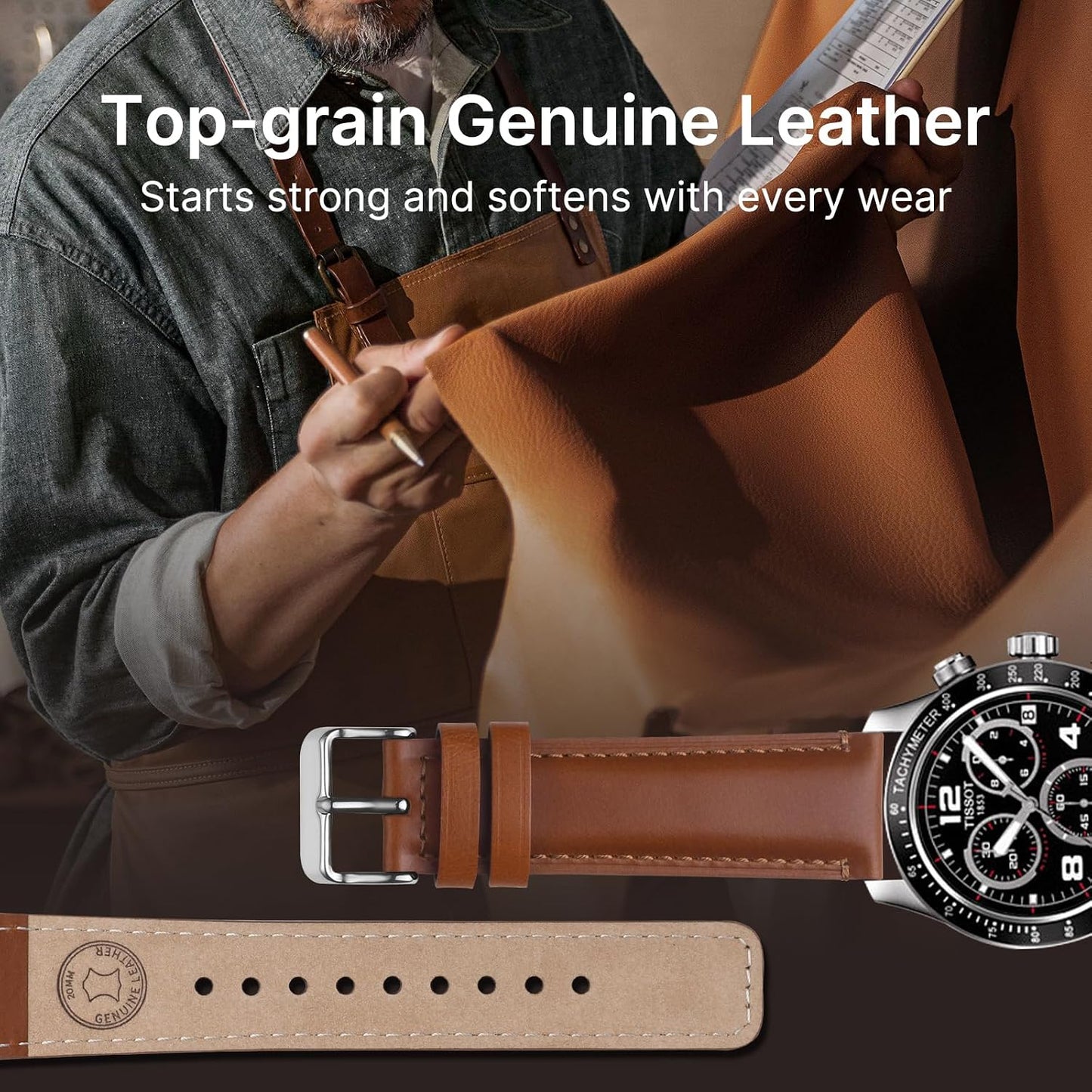 HOTFullmosa 20mm Quick Release Leather Watch Bands for Garmin Samsung Galaxy | 2 Pack Straps for Vivoactive 6/5, Venu Sq/Sq 2, Samsung Galaxy 7/6/5, Gear S2 Classic, Toffee Brown+Silver/Black+Black