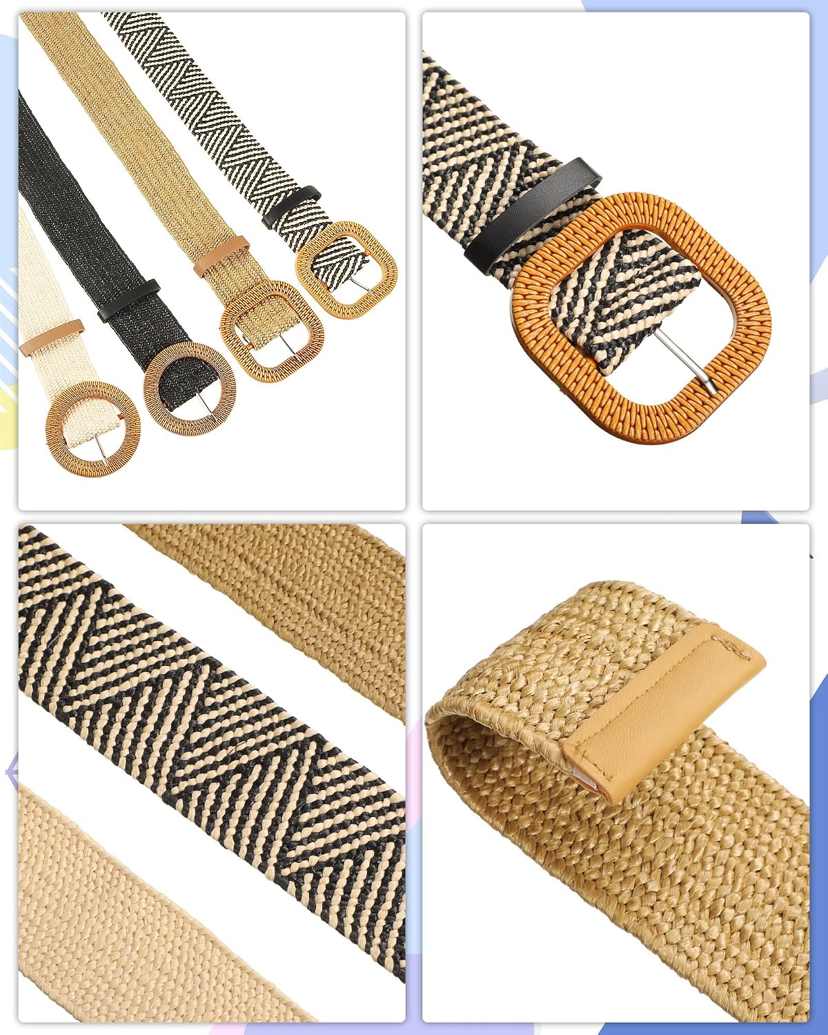 HOTWILLBOND 4 Pcs Women's Elastic Raffia Woven Belt, Boho Rattan Buckle Stretch Straw Wide Waist Belt for Dresses Jeans Pants