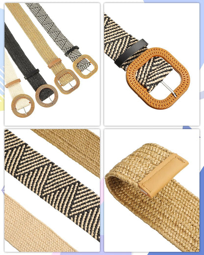 HOTWILLBOND 4 Pcs Women's Elastic Raffia Woven Belt, Boho Rattan Buckle Stretch Straw Wide Waist Belt for Dresses Jeans Pants
