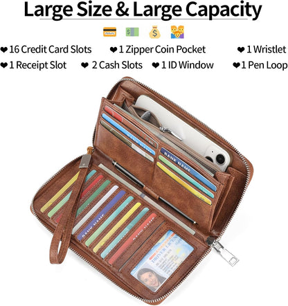HOTGOIACII Womens Wallet RFID Blocking Leather Large Capacity Long Purse Card Clutch Wristlet
