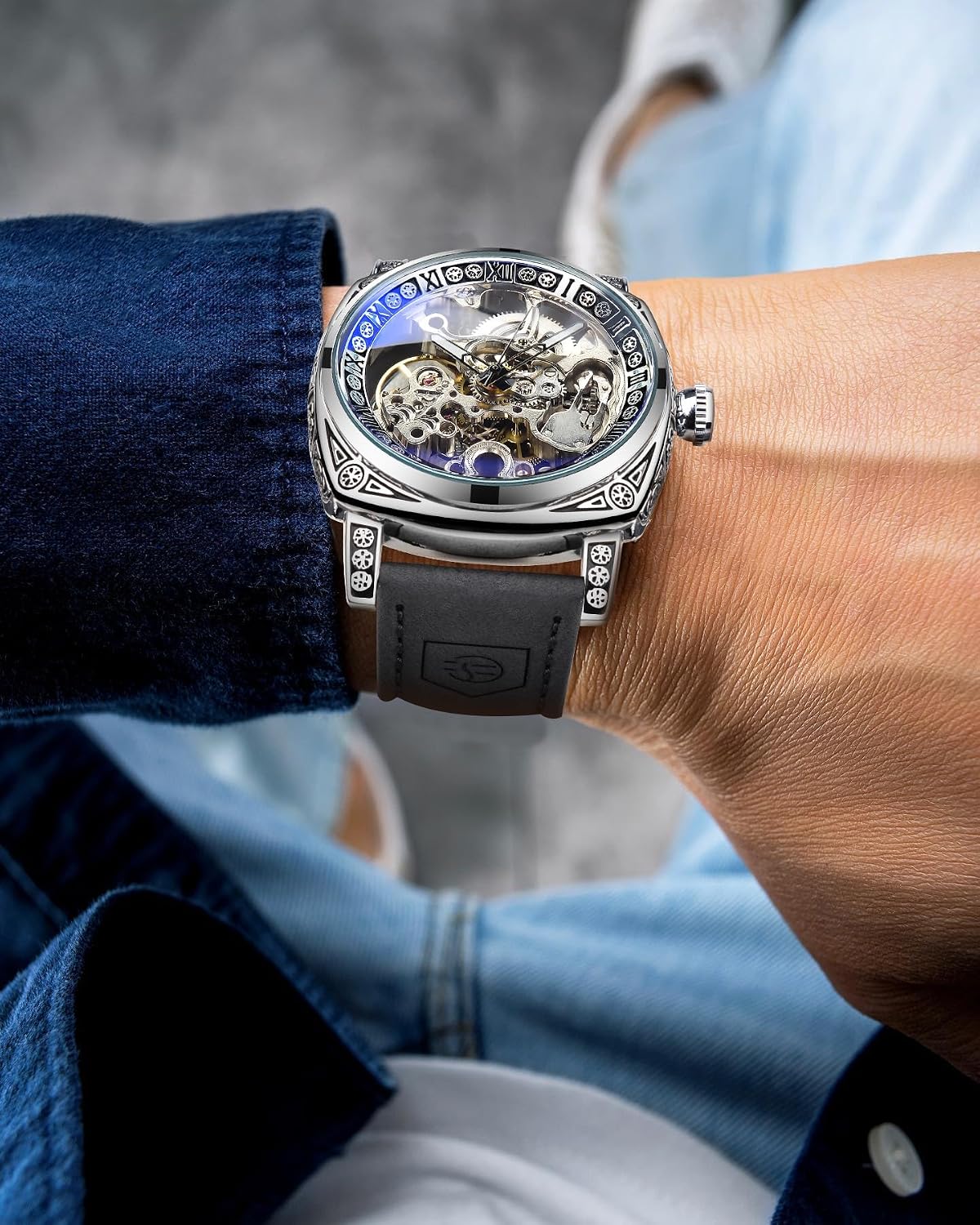 HOTFORSINING Watches for Man, Square Retro Mechanical Watch Self-Wind Carved, Skeleton Automatic Watches Vintage Leather Strap Wristwatch