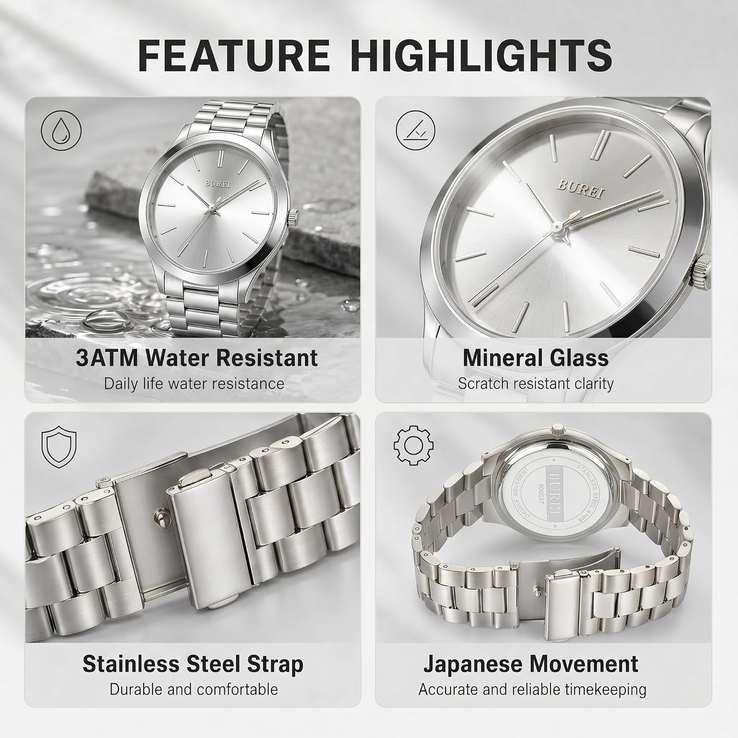 HOTBUREI Men's Wrist Watch, Analog Stainless Steel Dress Waterproof Quartz Watch for Men with Japanese Movement,Refined Gifts for Men, Boyfriend, Husband, Dad
