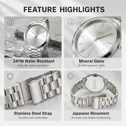 HOTBUREI Men's Wrist Watch, Analog Stainless Steel Dress Waterproof Quartz Watch for Men with Japanese Movement,Refined Gifts for Men, Boyfriend, Husband, Dad
