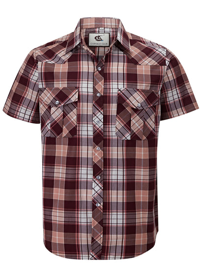 HOTCOEVALS CLUB Men's Western Cowboy Short Sleeve Pearl Snap Casual Plaid Work Shirts