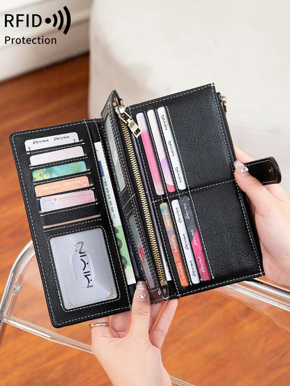 HOTRFID Blocking PU Leather Wallet for Women - Slim Bifold with 16 Card Slots & Zipper Pocket, Compact Designer Purse with Smooth Double Zipper Design
