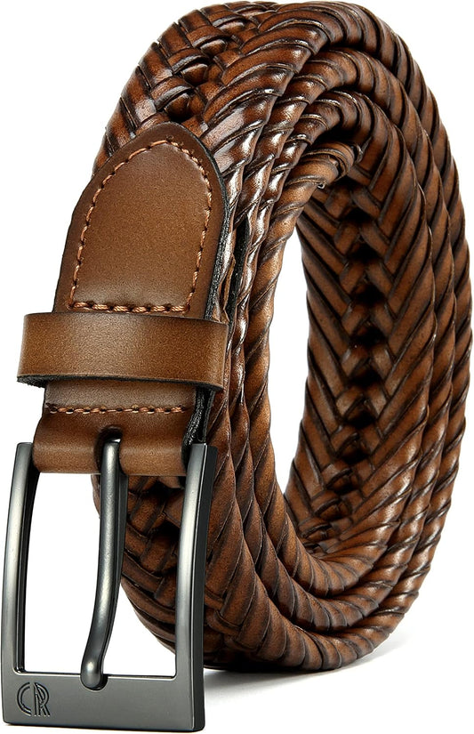 HOTCHAOREN Leather Braided Belts for Men - 1 1/8" Mens Casual Woven Leather Belt for Dress Pant