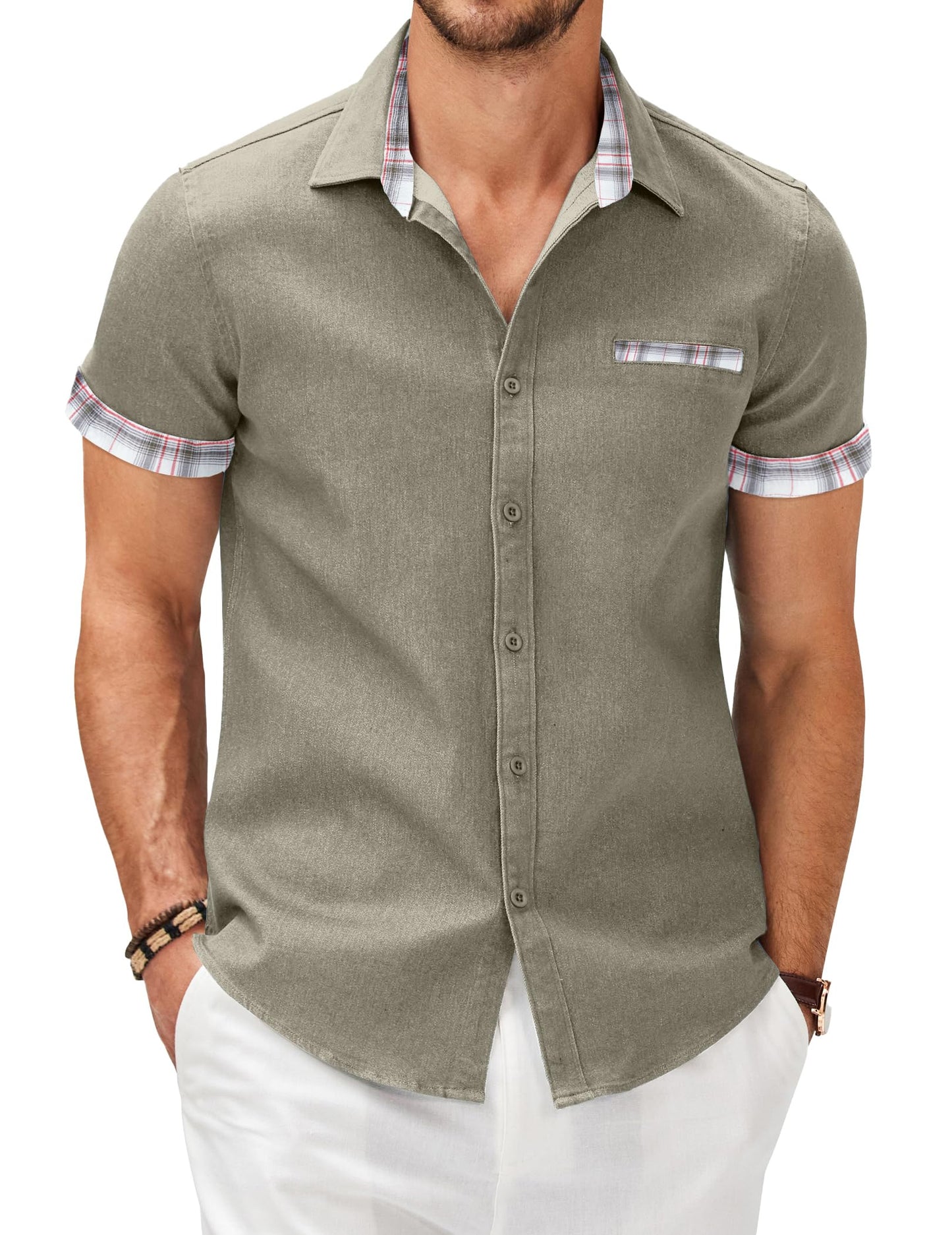 HOTCOOFANDY Men's Cotton Casual Short Sleeve Button Down Shirt Plaid Collar Denim Work Shirts