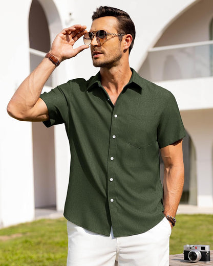 HOTAlimens & Gentle Mens Linen Shirts Short Sleeve Button Down Shirts Wrinkle Free Casual Vacation Beach Summer Tops