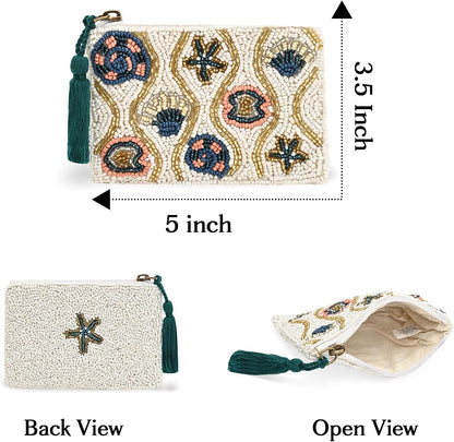 HOTAmerica & Beyond Coastal Shell Beaded Pouch, White, Starfish and Seashell Design, Tassel Zipper, 5 x 3.5 Inches