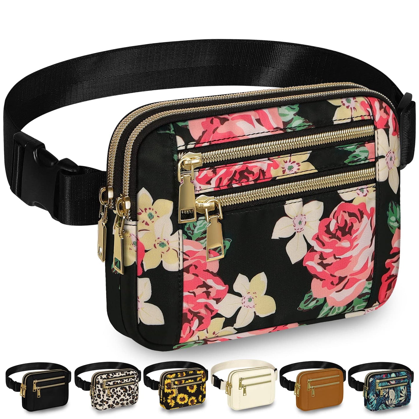 HOTCapolo Fanny Packs for Women Fashion Waist Packs Bag with Adjustable Strap and 4 Zipper Pockets Waterproof Everywhere Crossbody Belt Bag for Workout Running Travelling(Black, Large)