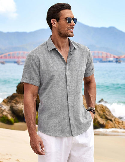 HOTCOOFANDY Men's Linen Shirts Short Sleeve Casual Shirts Button Down Shirt for Men Beach Summer Wedding Shirt
